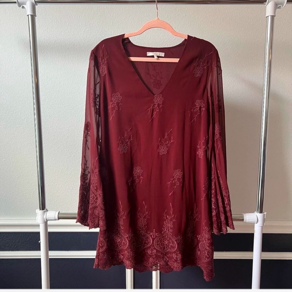 Wayf Burgundy Long Sleeve Whimsigoth Dress Semi Sheer Floral Details Y2K Style
